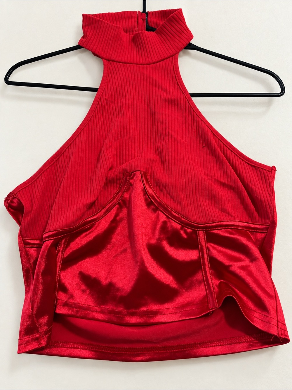 SHEIN Red Ribbed & Satin Halter Crop Top